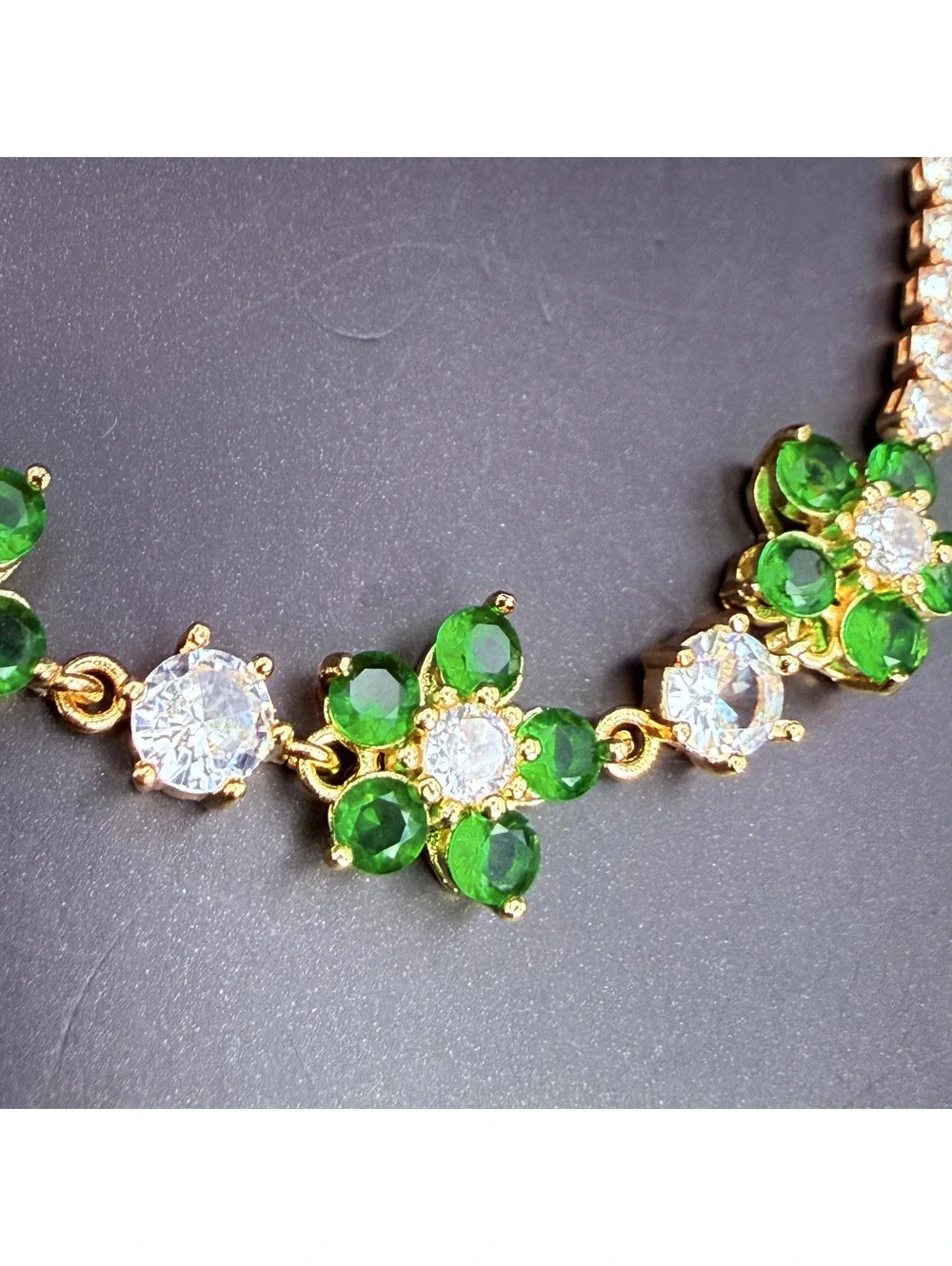 candy+clover green flower crystal tennis gold tone bracelet